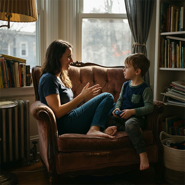 Mother and son sitting in an armchair and talking